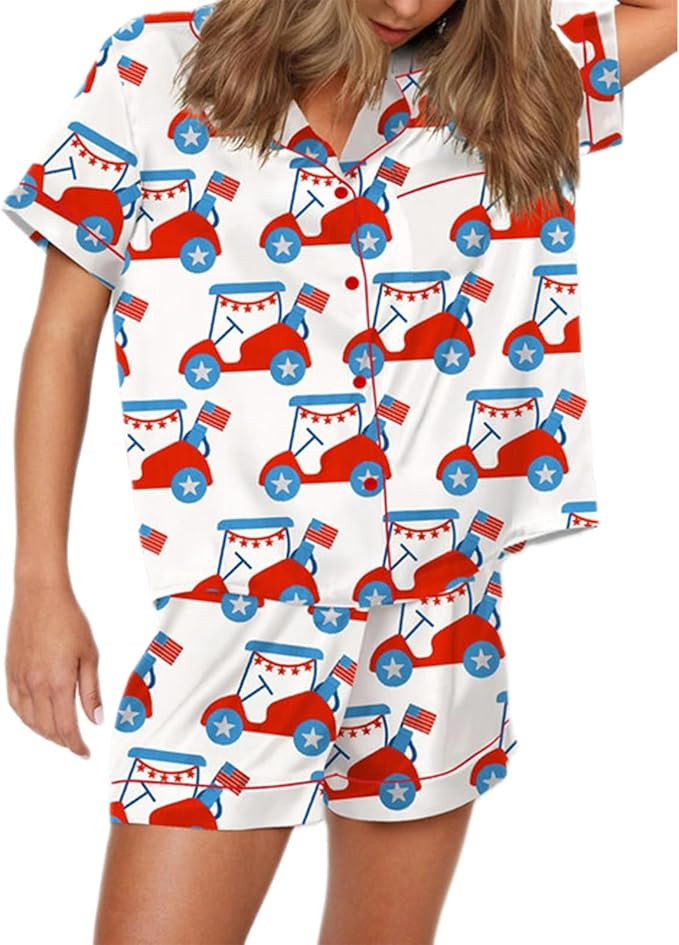 4th of July Women Outfit Short Sleeve Button Shirt Matching Shorts Satin Pajama Sets Women July F... | Amazon (US)