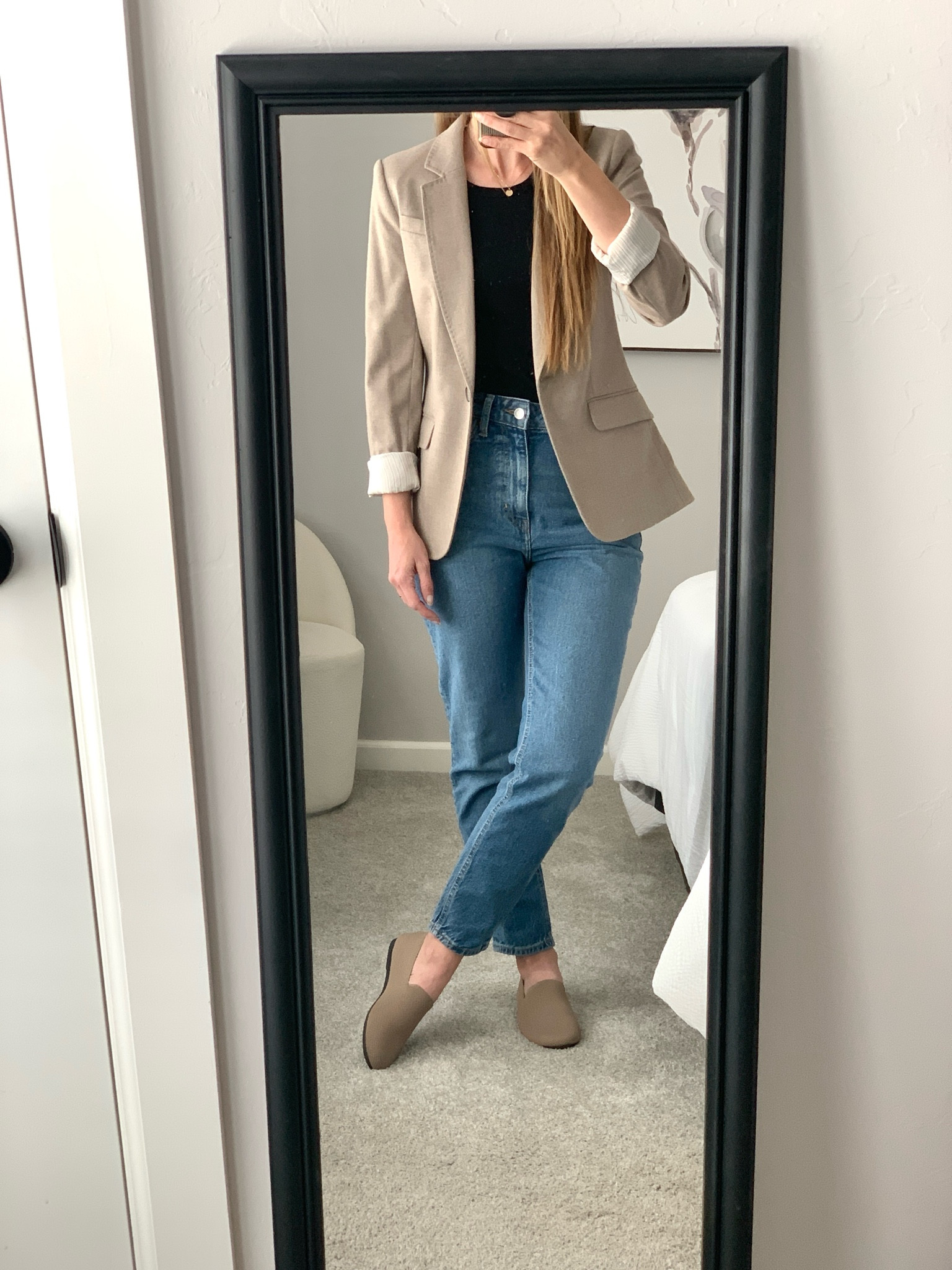 Casual Work Outfit for the office or a casual-polished look for a day out in the city 

Outfit of the day, ootd, casual modern outfit, jeans, mom jeans, loafers, tshirt, blazer, necklace, swivel chair, Home decor, bedroom decor, bedding 

#LTKStyleTip #LTKWorkwear #LTKHome