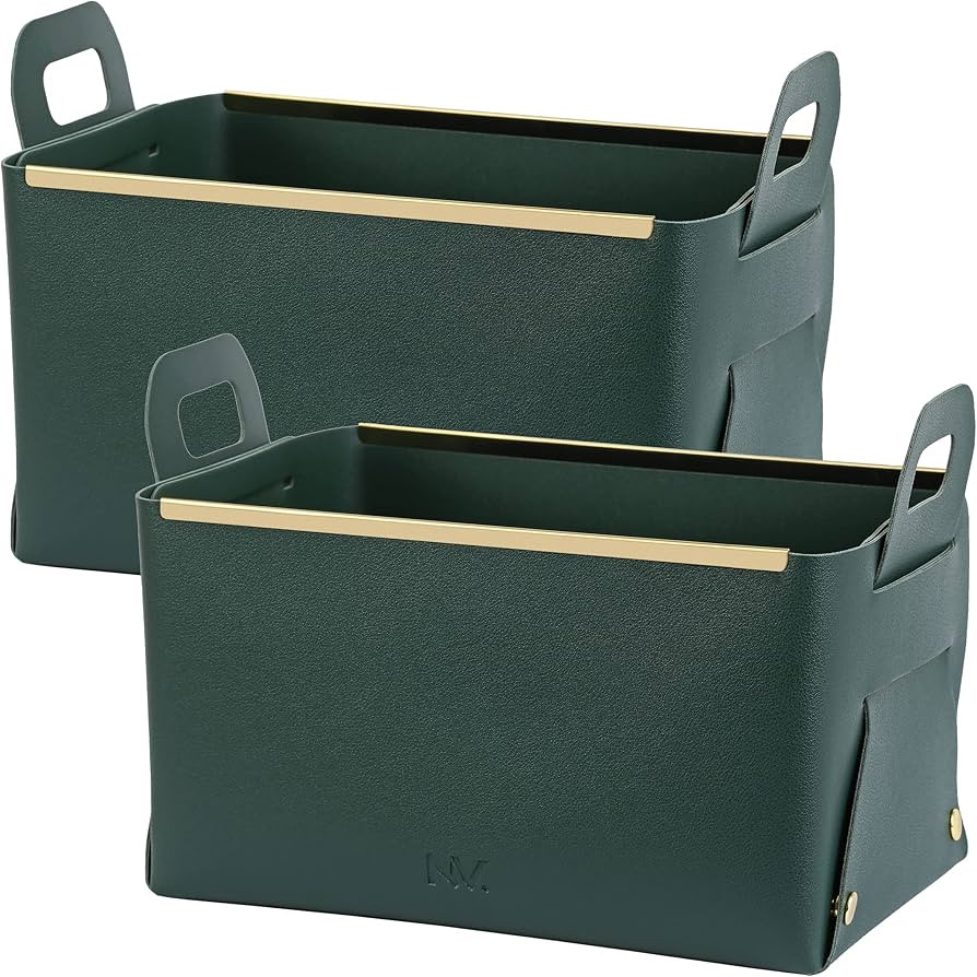 Amazon.com - NeatVilla Leather Basket 2-Pack, 9x6 Inch Green or Grey, Foldable Faux Leather Stora... | Amazon (US)
