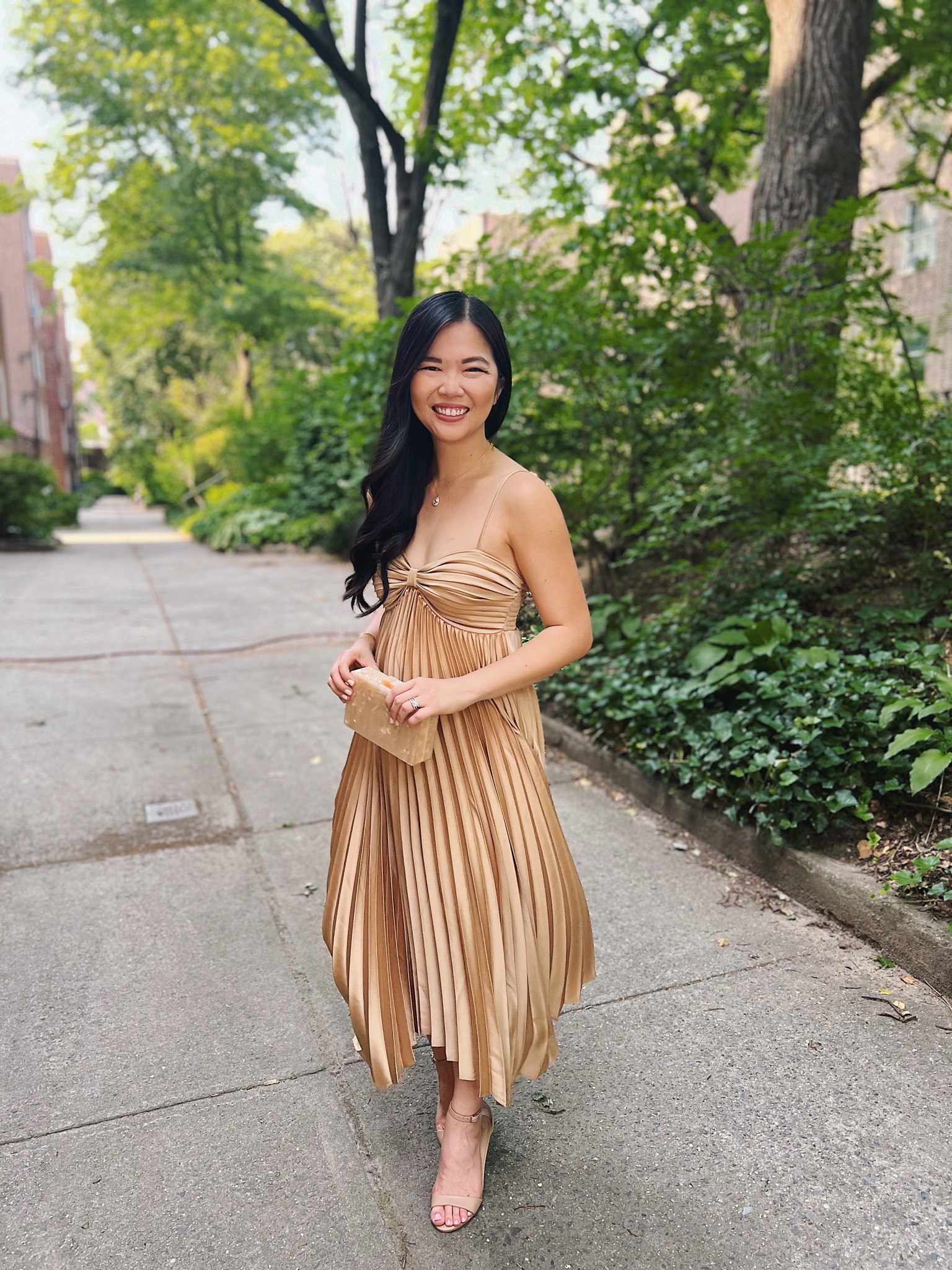 Gold pleated dress (XS)
Gold maxi dress
Gold dress
Acrylic clutch
Nude heels 
Formal wedding guest dress

#LTKwedding #LTKstyletip #LTKsalealert