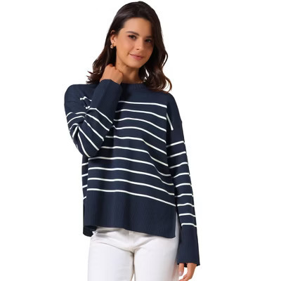 INSPIRE CHIC Women's Striped Crew Neck Long Sleeve Side Split Ribbed Knit Sweaters Small Navy Blue | Target