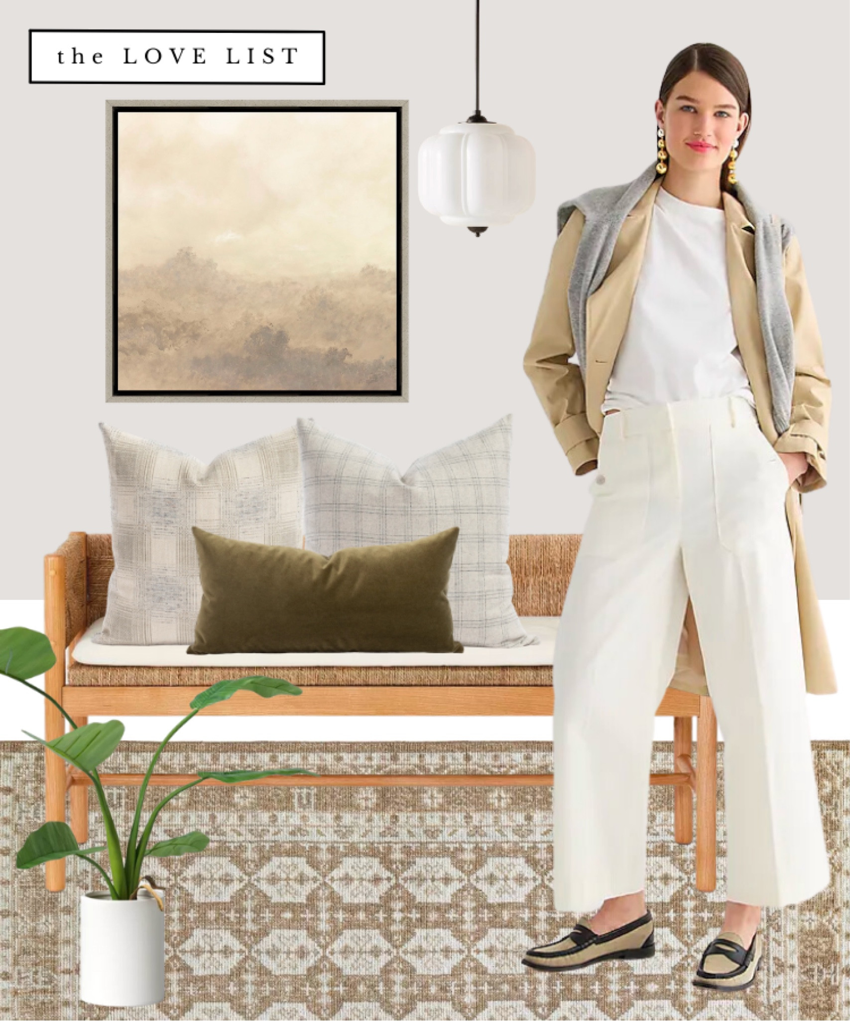 Late summer entryway, fall home decor // woven bench, wide leg pant, hand knitted Persian rug, target rug, Studio McGee rug, neutral pillow, plaid pillow, velvet pillow, landscape art, pendant light, grey and cream, cream and beige 

#LTKhome #LTKFind #LTKSeasonal