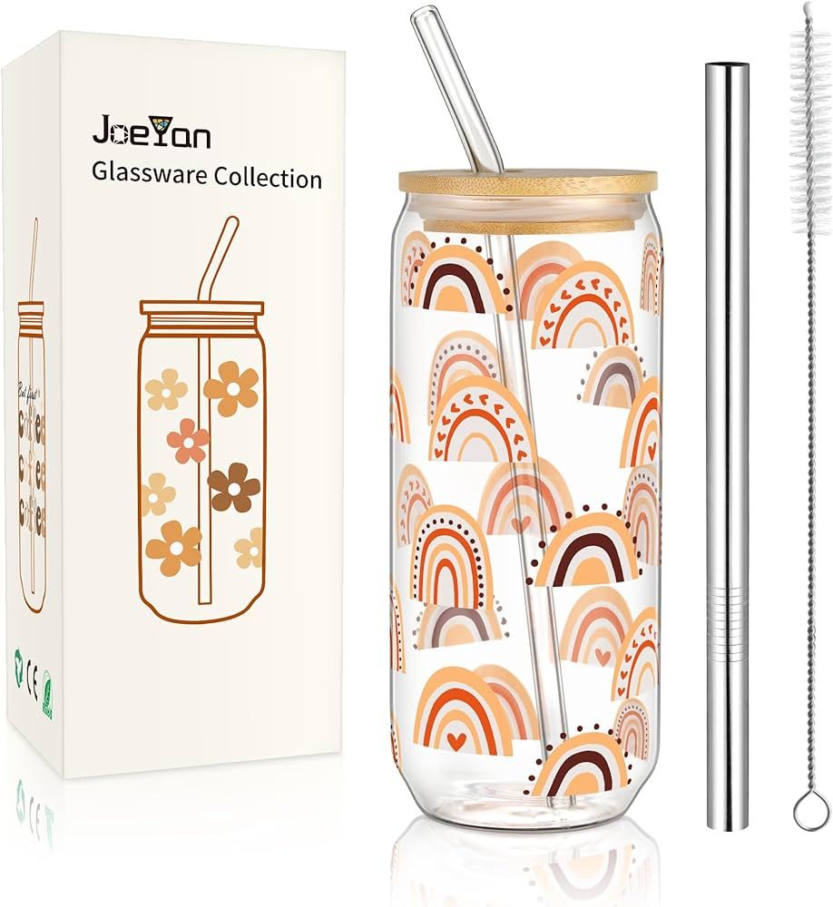 Joeyan 20 oz Glass Cups with Bamboo Lids and Straws,Boho Can Shaped Beer Drinking Glasses,Cute Ic... | Amazon (US)