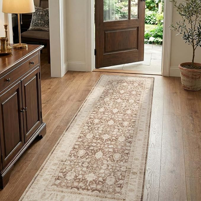 jinchan 2x6 Vintage Floral Runner Rug, Washable Non Slip, Taupe | Amazon (US)
