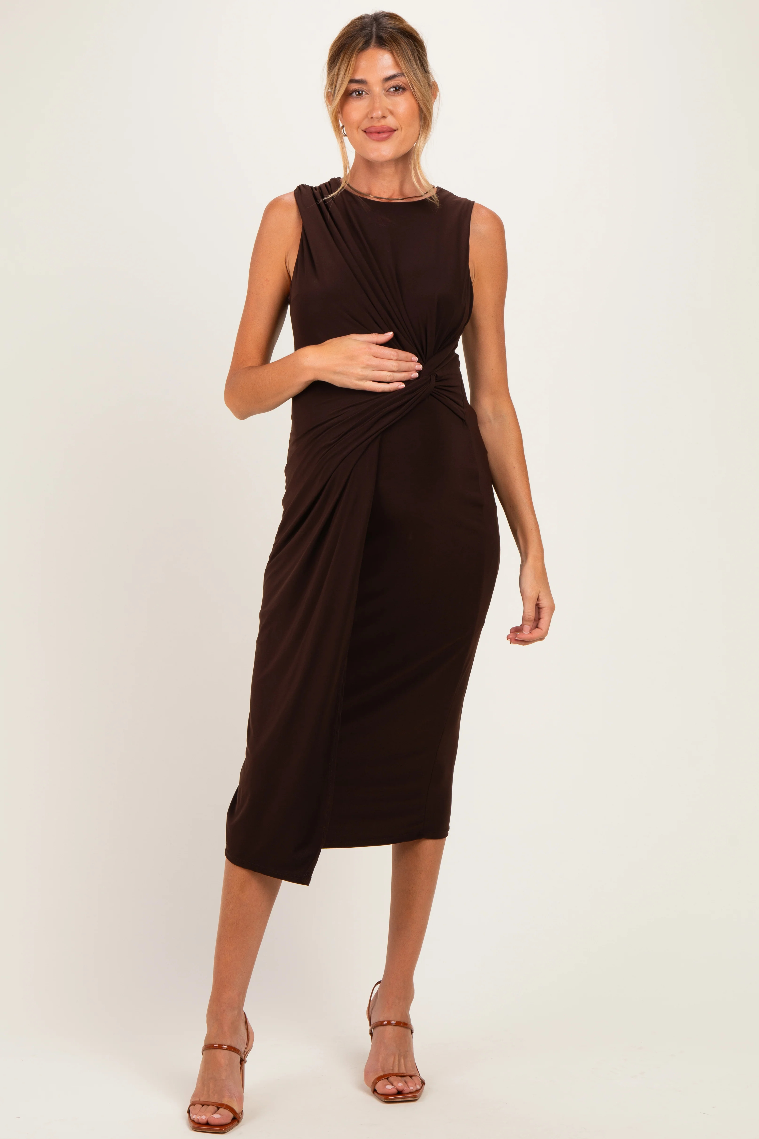 Dark Brown Sleeveless Side Knot Maternity Midi Dress | PinkBlush Maternity