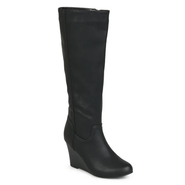 Womens Round Toe Faux Leather Mid-calf Wedge Boots - Walmart.com | Walmart (US)