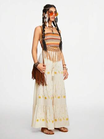 ROMWE Hippie Vintage Sonnenstickerei Urlaubsstil Weite Bein Hosen | aktuelle Trends, günstig kau... | SHEIN