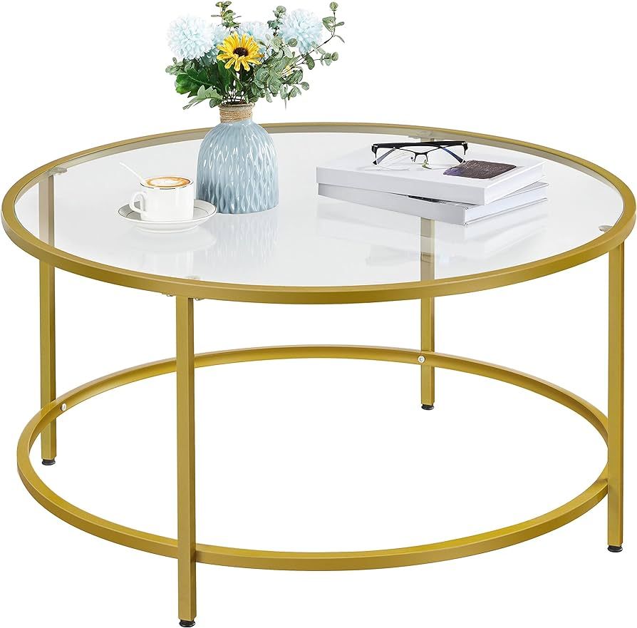 Yaheetech Gold Glass Coffee Table for Living Room, 36" Round Glass Coffee Table with Metal Frame,... | Amazon (US)