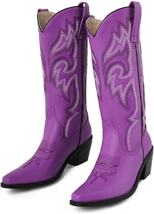 heelchic Womens Embroidered Cowboy Cowgirl Boots Snip Toe Chunky Heel Western Boots Pull On Mid C... | Amazon (US)
