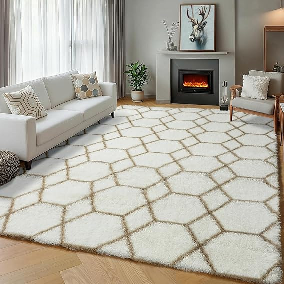 ONASAR Rugs for Living Room Bedroom, 5x8 Fluffy White and Beige Area Rug, Geometric Boho Soft Plu... | Amazon (US)