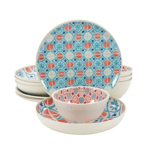 Better Homes & Gardens 12-Piece Sabine Tile Print Melamine Dinnerware Set, Blue | Walmart (US)