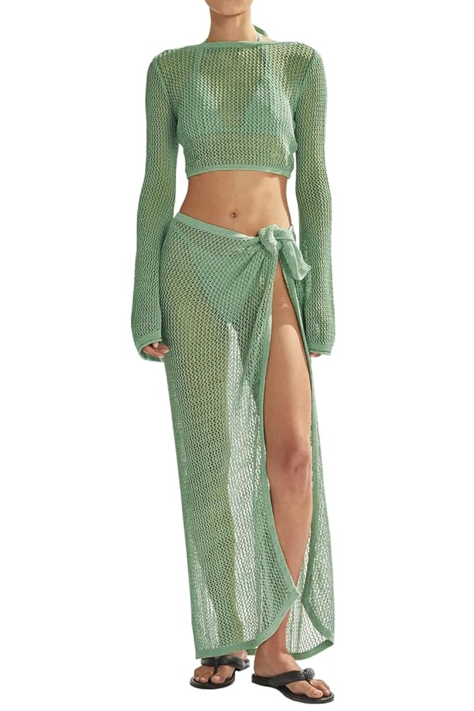 Women's Swimsuits Cover Ups Set for Crochet Bathing Suit Hollow Out 2 Piece Bikini Coverup Beach ... | Amazon (US)