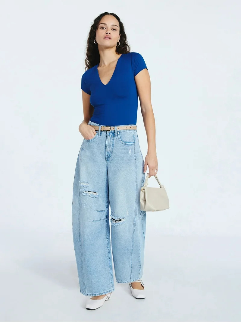 Scoop Women’s and Women's Plus High-Rise Ankle Barrel Jeans with Distressed Details, Sizes 0-26 | Walmart (US)