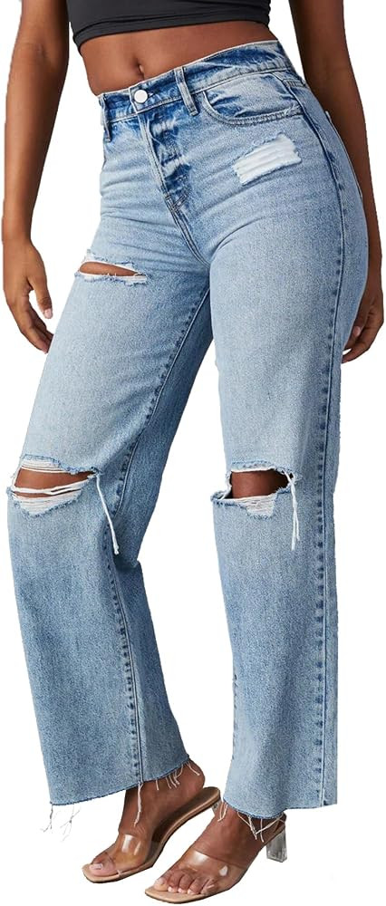 cffvdiz Women's Loose Boyfriend Jeans High Waist Distressed Ripped Raw Hem Ankle Straight Leg Den... | Amazon (US)