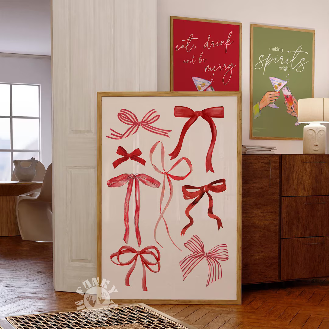 Red Christmas Bows Print, Girly Holiday Decor, Printable Wall Art, Trendy Preppy Xmas Print, Coqu... | Etsy (US)