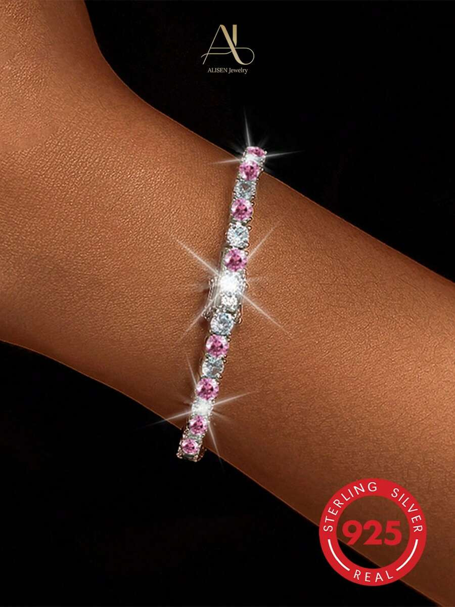 1pc Minimalist 925 Sterling Silver Geometric Square Cubic Zirconia Tennis Chain Bracelet For Wome... | SHEIN