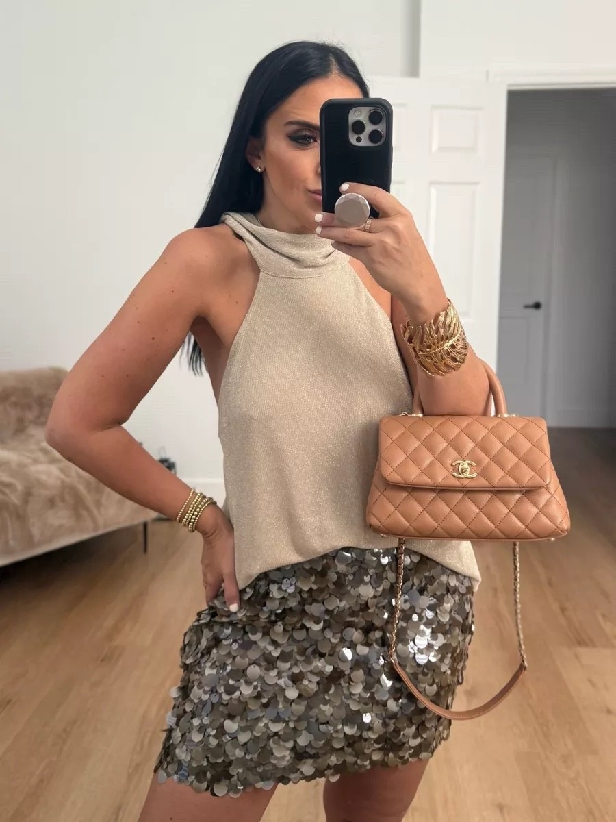 Metallic thread halter top, wearing size medium. Sequin mini skirt wearing size medium.

