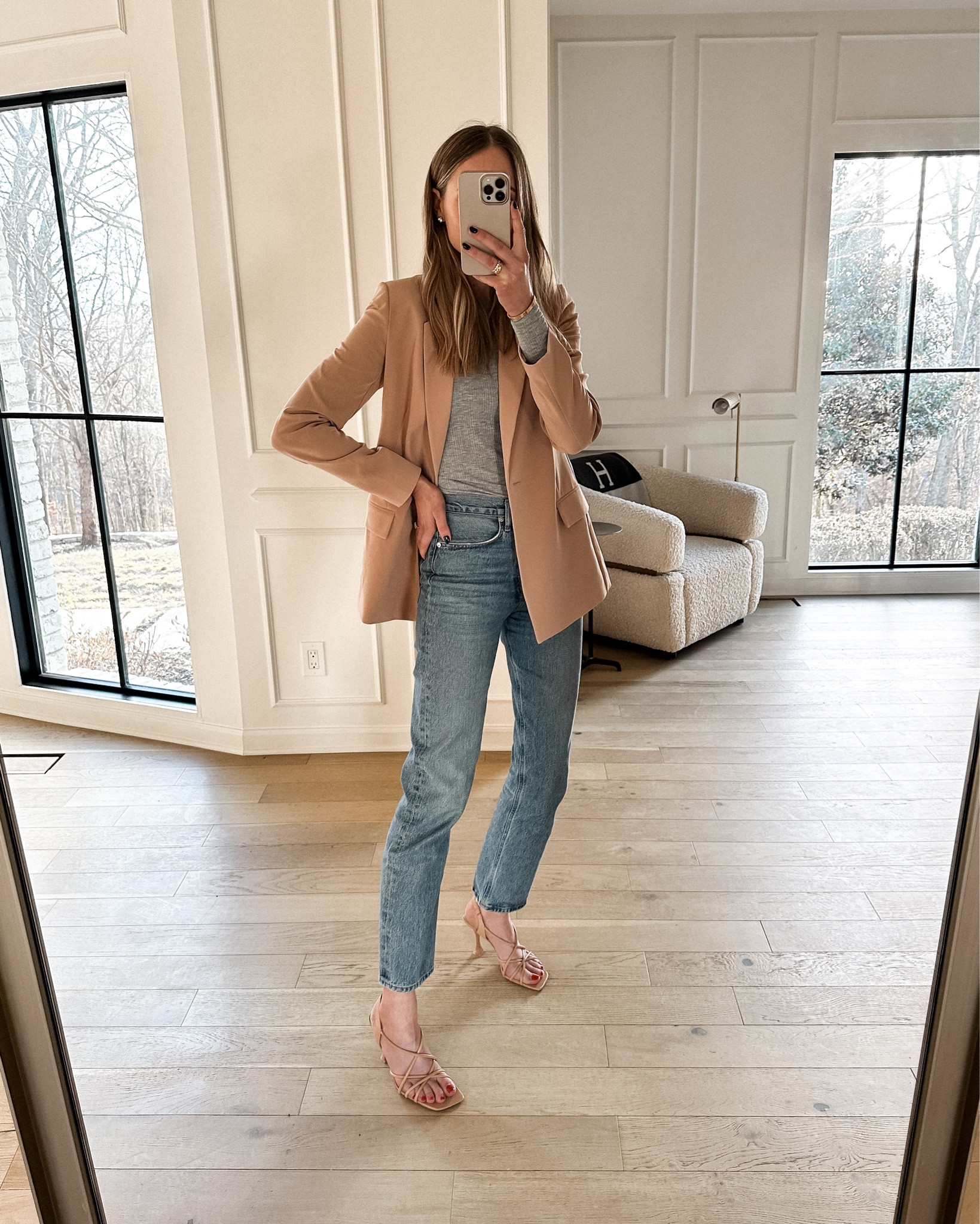 Fashion Jackson wearing Amazon drop blazer (small), long sleeve grey top, AGOLDE jeans, nude scrappy sandals (tts) #fashionjackson #outfitidea #sandals #amazonfashion

#LTKunder100 #LTKsalealert #LTKshoecrush