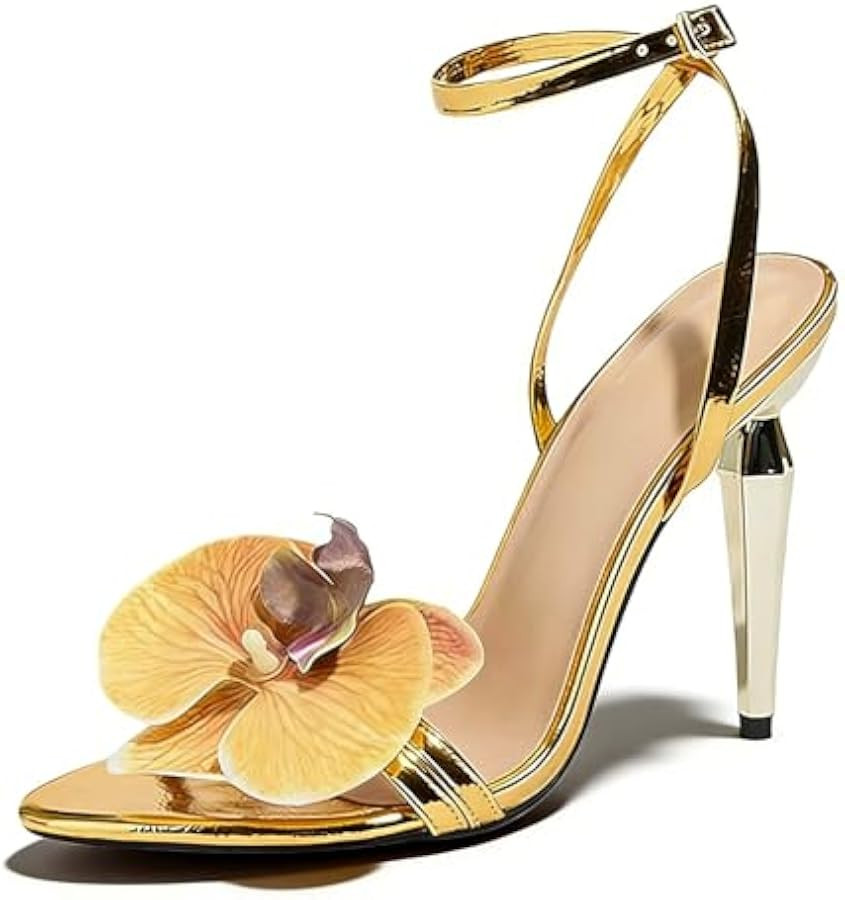Women's 3D Flowers Sexy High Stiletto Sandals With Ankle Buckle Round Open Toe Sparkly Comfortabl... | Amazon (US)