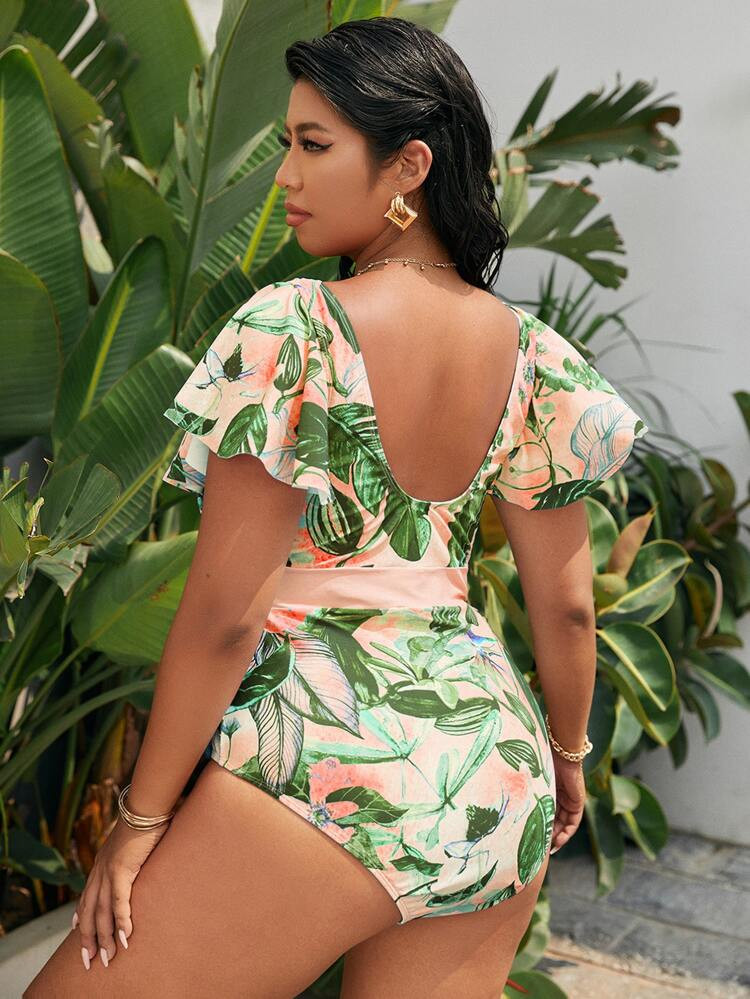 EMERY ROSE Plus Plant Print Ruffle Hem One Piece Swimsuit | SHEIN