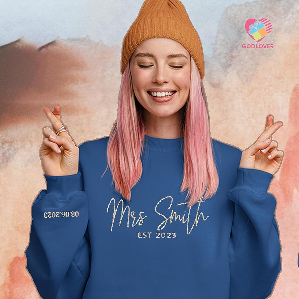 Personalized Embroidered Mrs Sweatshirt, Custom Mrs. Last Name Sweatshirt, Custom Date On Sleeve,... | Amazon (US)