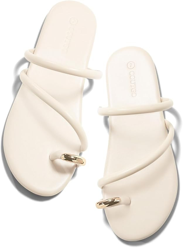 Coutgo Womens Strappy Flat Sandals Square Open Toe Flip Flops Slides Toe Ring Summer Dress Shoes | Amazon (US)