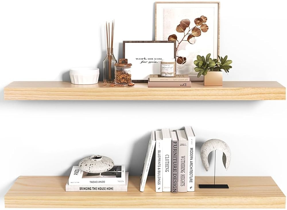 Floating Shelves, Wood Wall Shelf, Natural Wooden Home Decor for Bathroom Kitchen Bedroom, Hangin... | Amazon (US)