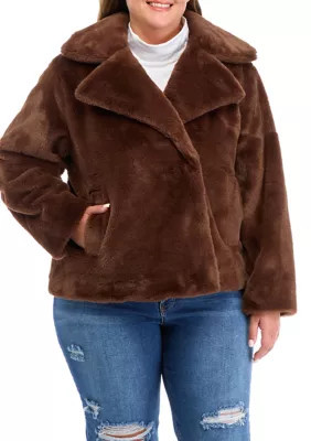 Crown & Ivy Women's Plus Size Faux Fur Jacket, Brown, 1X | Belk