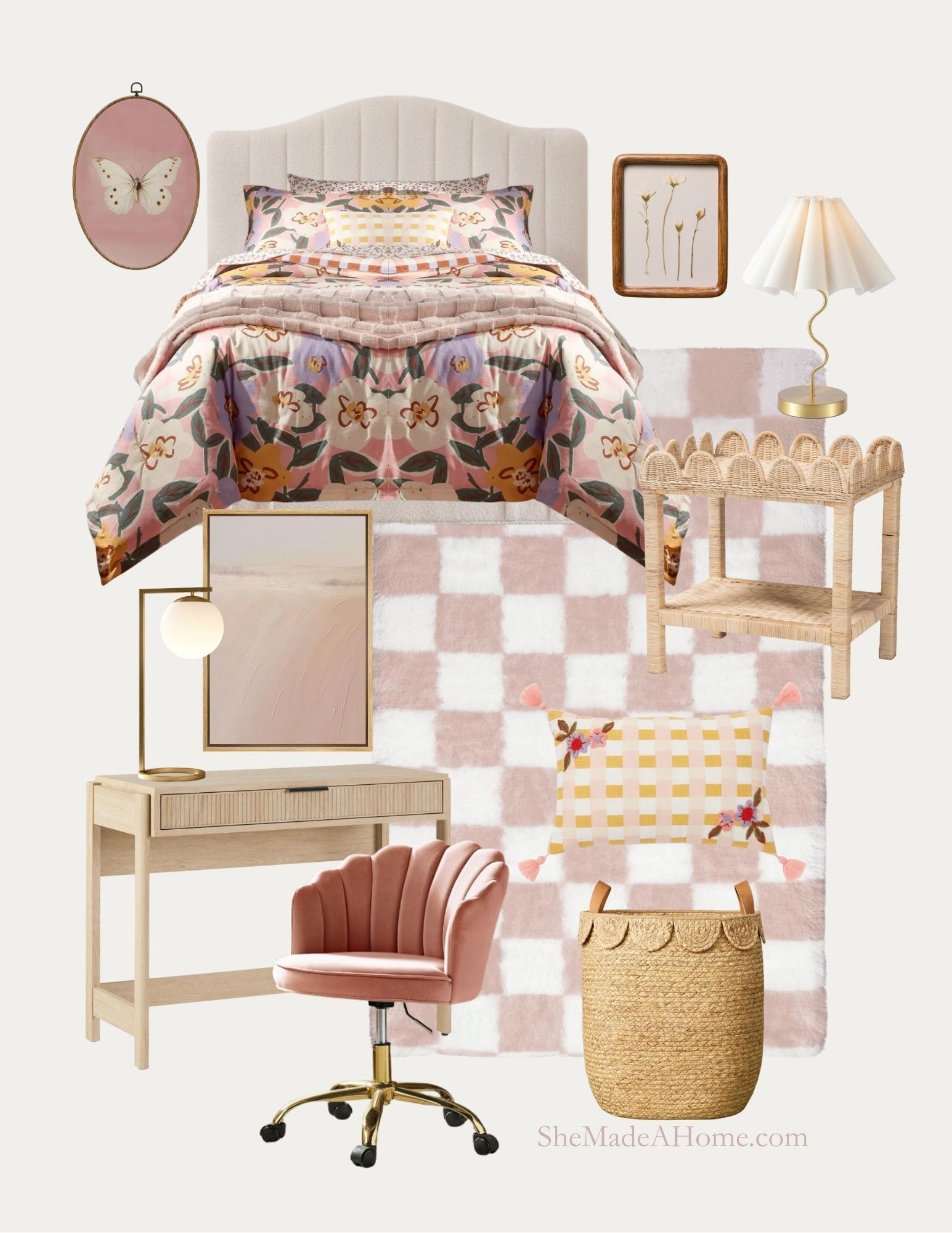 Whimsicle Young Girl’s Bedroom in Soft Pinks & Warm Textures 🎀🌸
This whimsicle bedroom design is the perfect mix of playful charm and cozy comfort for a young girl’s space. Layered with a floral duvet, scalloped accents, a blush checkered rug, and sweet details like butterfly art and a scallop-edge basket, this look feels fun yet timeless.

A soft pink scallop desk chair, rattan nightstand, and textured natural elements balance the colorful bedding for a space that grows with her.

🛏 Shop the exact pieces I used to create this whimsicle, budget-friendly bedroom — all linked below so you can bring this dream space to life.

#LTKHome #GirlsRoomDecor #WhimsicleBedroom #PinkBedroomIdeas #SheMadeAHome #RoomRecipe #BudgetFriendlyHome #ShopTheLook #GirlsRoomInspo 

 #LTKHome