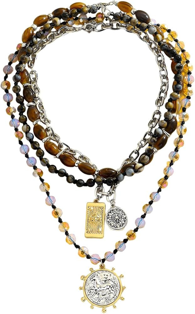 Beaded Coin Necklaces for Women, Vintage Multi-layer Coin Pendant Necklace, Ethnic Chain Collar J... | Amazon (US)