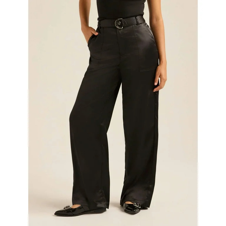 Scoop Women's Wide Leg Belted Satin Pants, Sizes 2-16 | Walmart (US)
