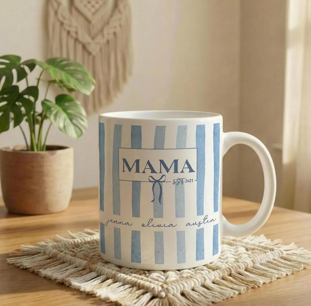Custom Kids Names Mama Mug, Mothers Day Gift, Stripe Coffee Cup, Personalized Present for Mom, Ne... | Etsy (US)