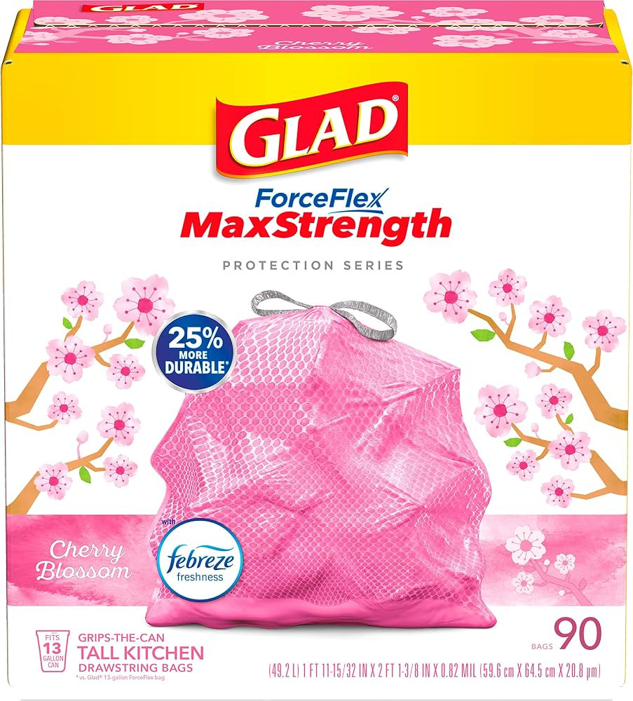 Glad ForceFlex MaxStrength Tall Kitchen Trash Bags, 13 Gal, Cherry Blossom, 90 Ct, Pack May Vary | Amazon (US)