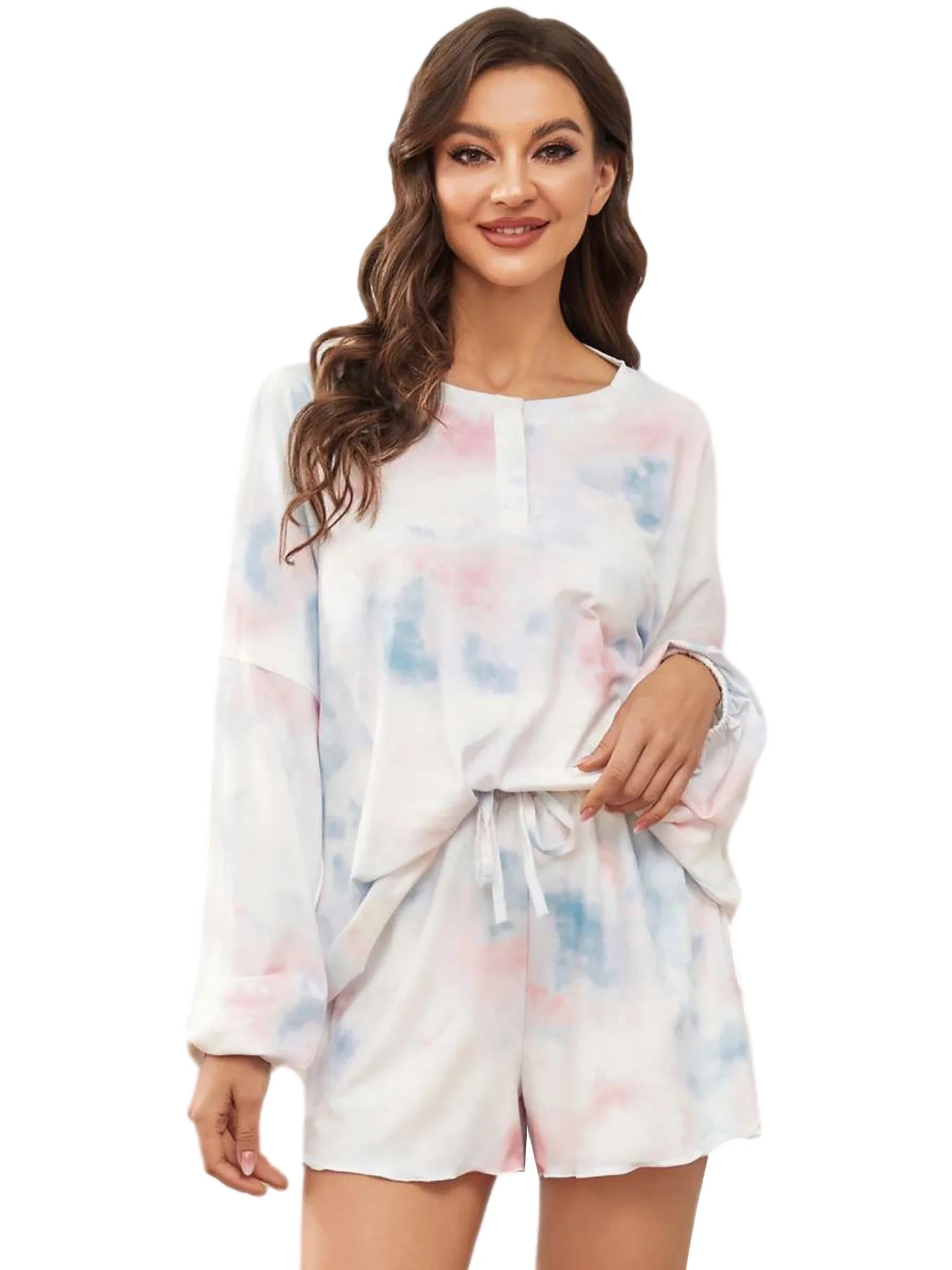 Ever-Pretty Women's Tie Dye Printed Button Down Long Sleeve 2 Piece Short Activewear Lounge Set N... | Walmart (US)