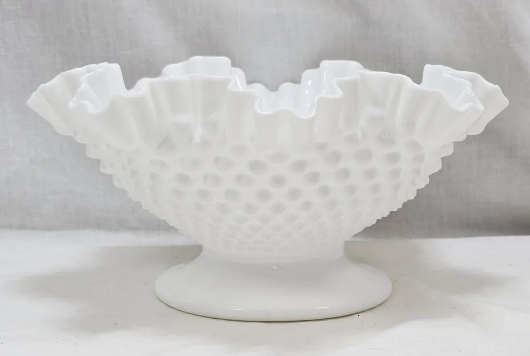Vintage Fenton White Milk Glass Hobnail Ruffle Top Footed Bowl - Etsy | Etsy (US)