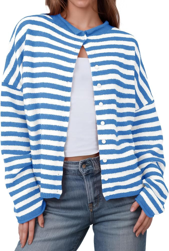 Saodimallsu Womens Striped Cardigan Long Sleeve Button Down Knit Tops | Amazon (US)