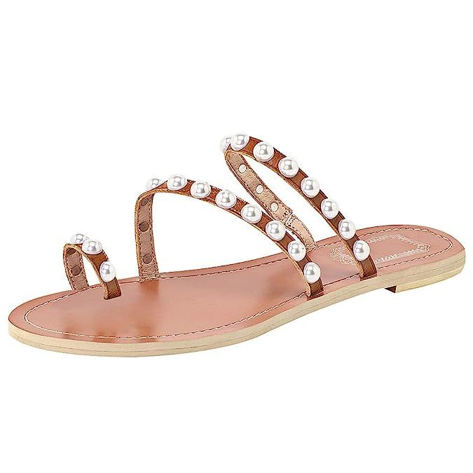 Jamron Women's Bohemia Pearls Toe Ring Sandals/Slippers Summer Flat Flip Flops Beach Shoes | Amazon (US)