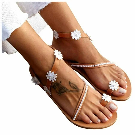 Women s Summer Strappy Flat Sandals Casual Travel Wedding Lace Sandal Pearl Sparkling Open Toe Bohem | Walmart (US)