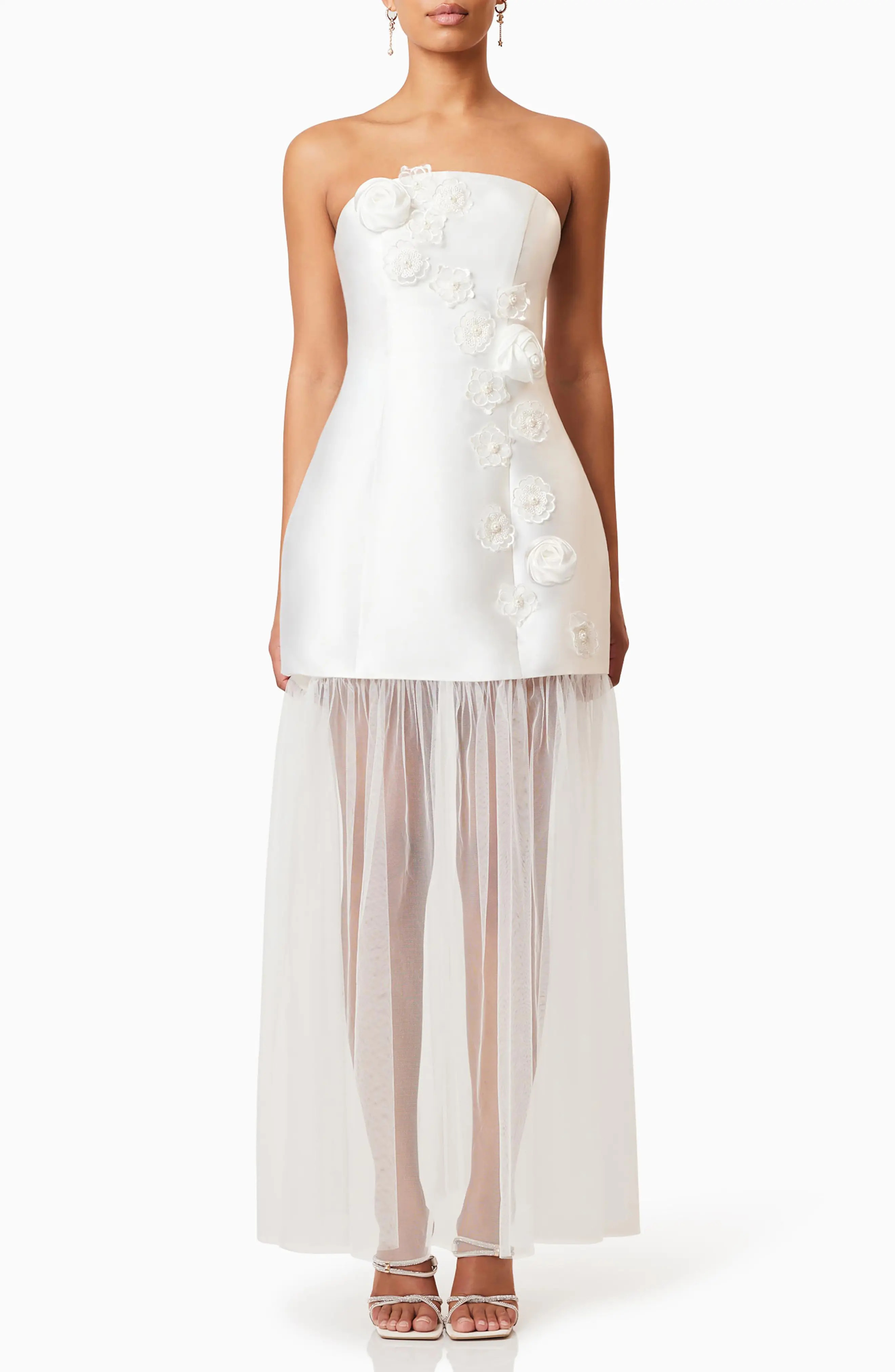 Oleander Floral Appliqué Strapless Cocktail Minidress with Removable Sheer Maxi Skirt | Nordstrom