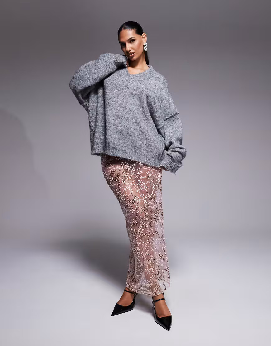 ASOS DESIGN delicate lace scatter sequin maxi skirt in pink | ASOS (Global)