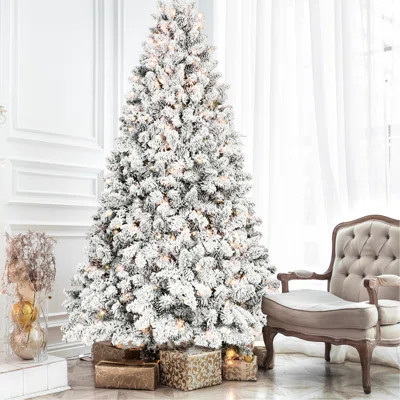 9ft Flocked Christmas Tree, 850 Ul Lights, 63 Natural Pine , 2240 Snowy Tips, Hinged Structure For Simple Setup, Strong Metal Base, And White Tree Wit | Wayfair North America