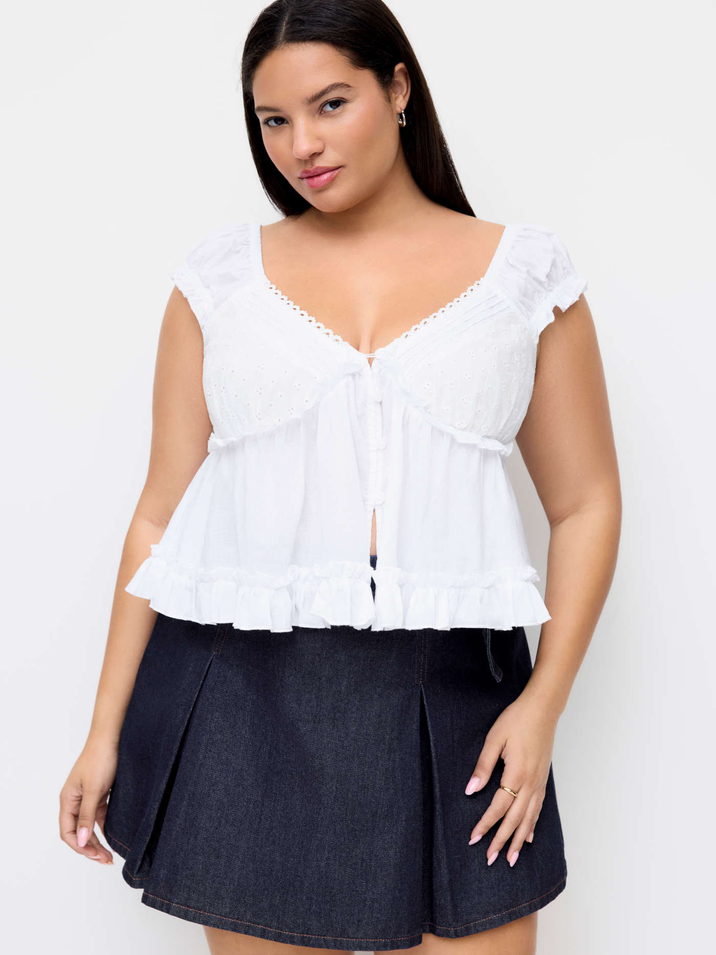 Cotton-blend V-neck Broderie Anglaise Ruffle Hem Blouse | Cider