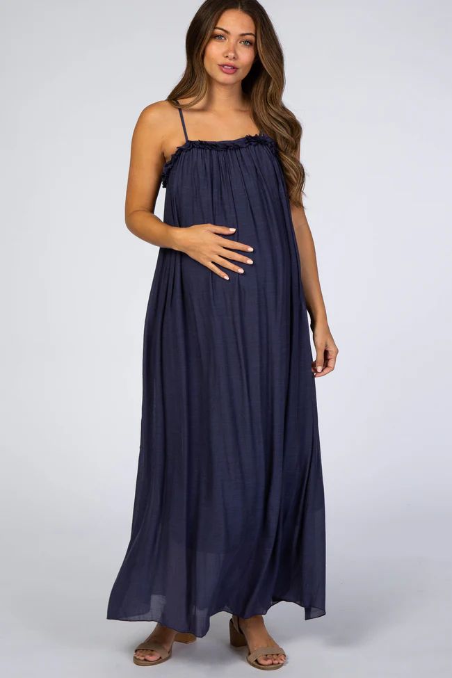 Navy Ruffle Linen Maternity Maxi Dress | PinkBlush Maternity