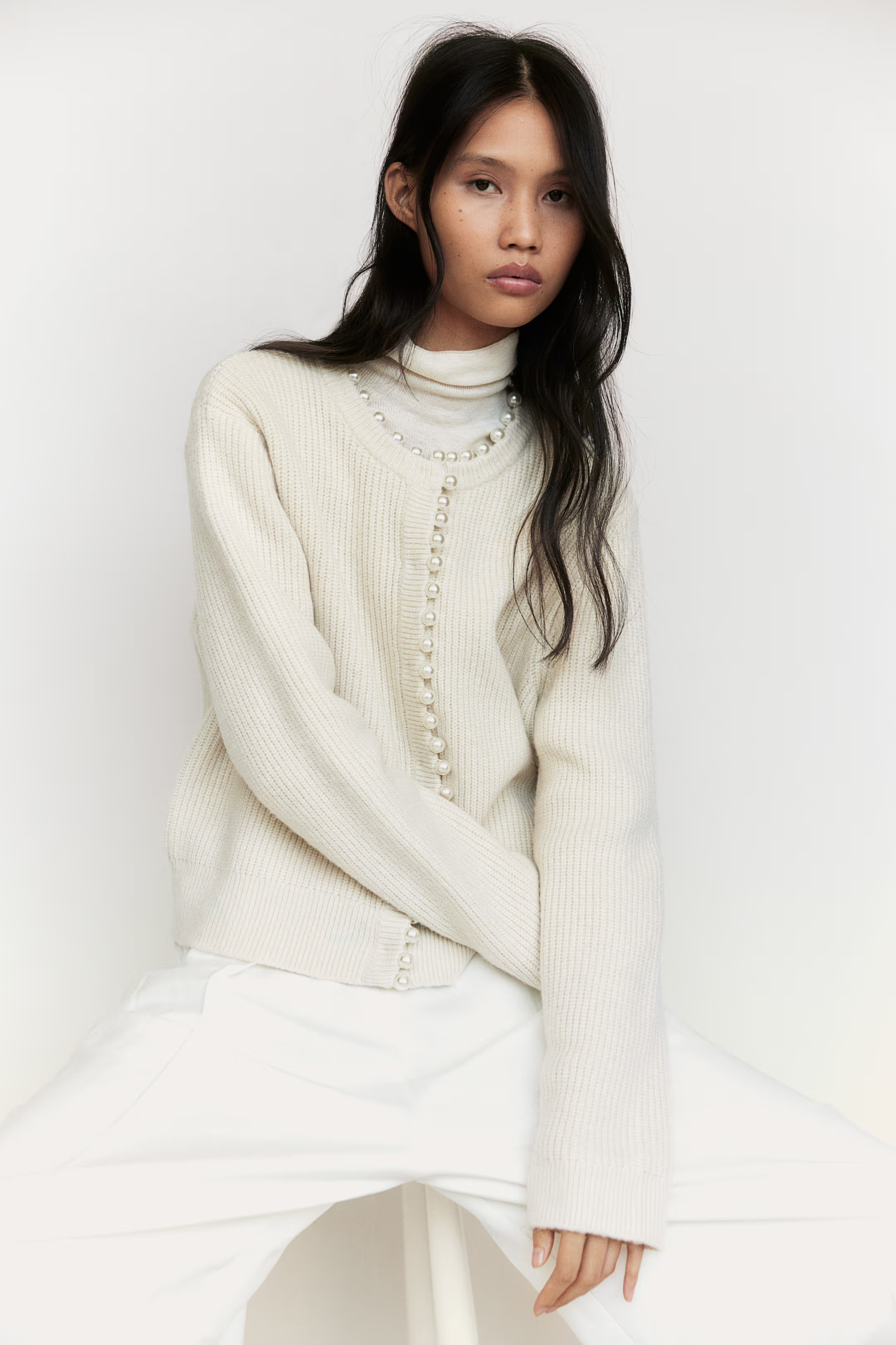 Bead-embellished rib-knit cardigan | H&M (UK, MY, IN, SG, PH, TW, HK)