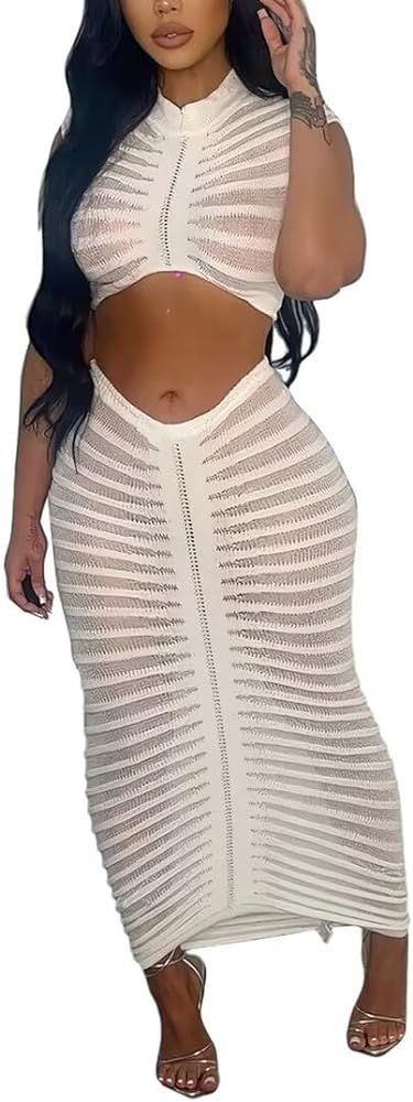 Kafiloe Sexy 2 Piece Outfits for Women Mesh See Through Crochet Short Sleeve Crop Top Bodycon Max... | Amazon (US)