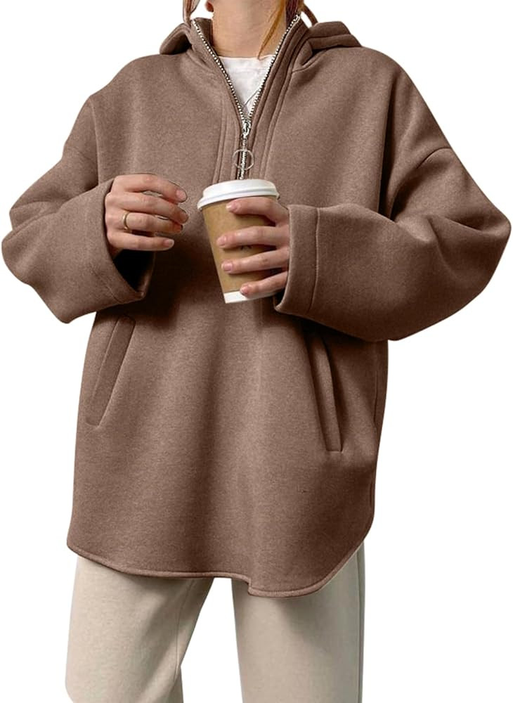 EVALESS Women's Oversized Hoodie Casual Long Sleeve Half Zipper Pocket Sweatshirt Pullover Tops | Amazon (US)