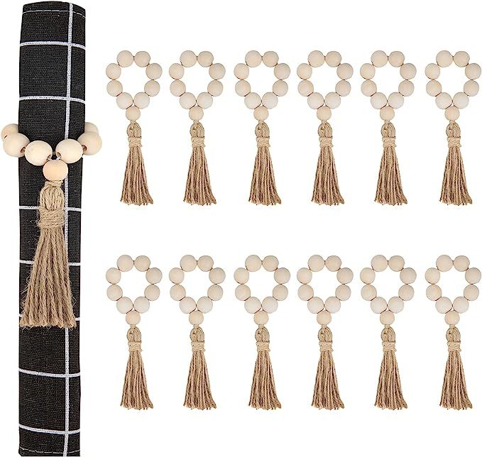 Wood Bead Napkin Rings Natural Wooden Beads Napkin Holders with Tassels Elastic Wooden Napkin Buc... | Amazon (US)
