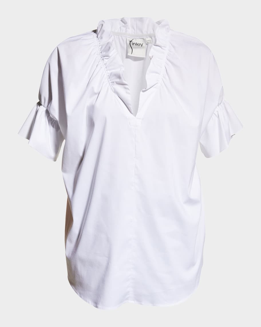 Crosby Flounce Neck & Sleeve Silky Poplin Shirt | Neiman Marcus