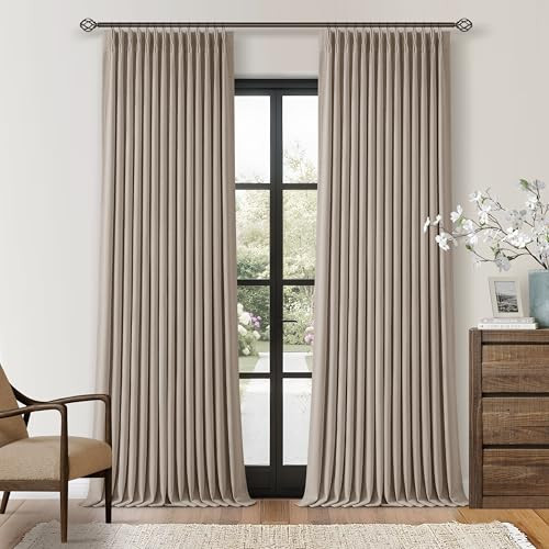 Dark Flax Linen Pinch Pleated 100% Blackout Curtains 90 Inch Length 2 Panels Set Burlywood Birch Tan Brown Pinch Pleat Curtains Black Out Blocking Room Darkening Drapes for Bedroom Living Room Window | Amazon (US)
