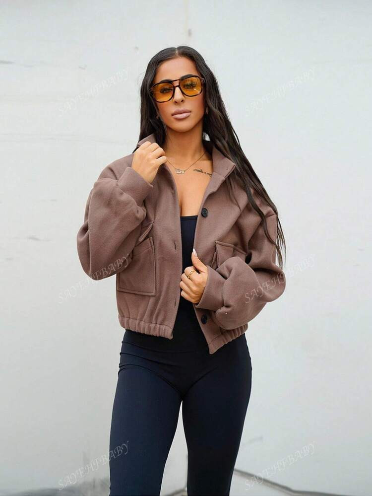 SAYEHFBABY Solid Coloured Stand Collar Pocket Short Jacket For Women,Fall Clothes | SHEIN